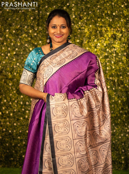 Chappa saree purple and cream with plain body and madhubani printed border