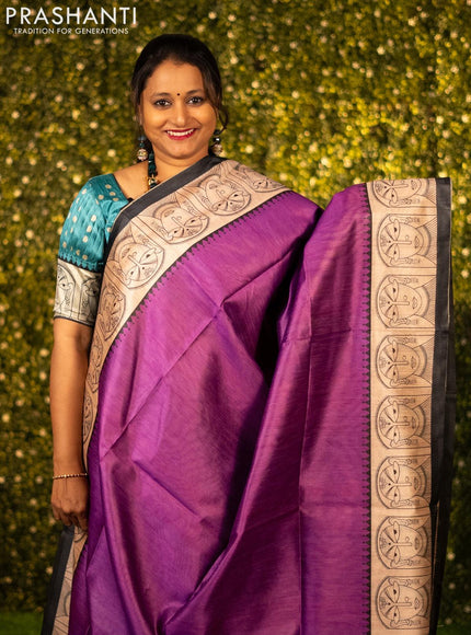 Chappa saree purple and cream with plain body and madhubani printed border