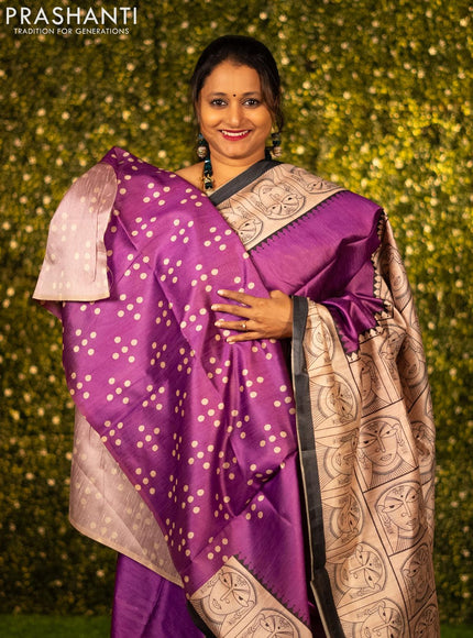 Chappa saree purple and cream with plain body and madhubani printed border