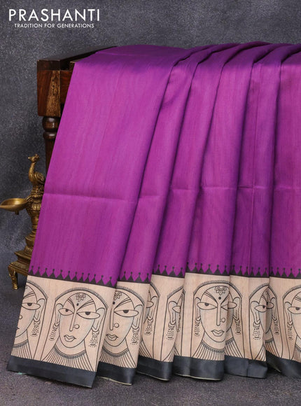 Chappa saree purple and cream with plain body and madhubani printed border