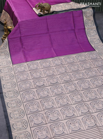 Chappa saree purple and cream with plain body and madhubani printed border