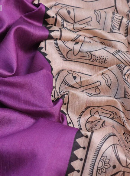 Chappa saree purple and cream with plain body and madhubani printed border