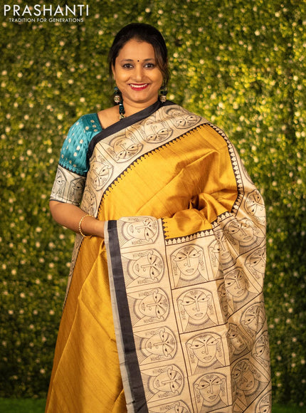 Chappa saree yellow and cream with plain body and madhubani printed border