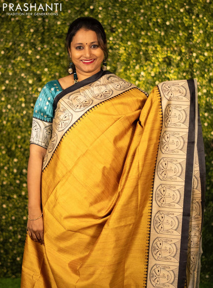 Chappa saree yellow and cream with plain body and madhubani printed border