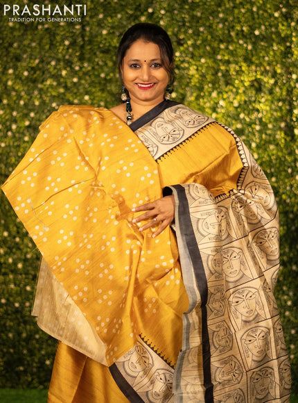 Chappa saree yellow and cream with plain body and madhubani printed border