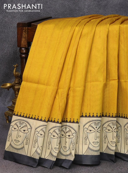 Chappa saree yellow and cream with plain body and madhubani printed border