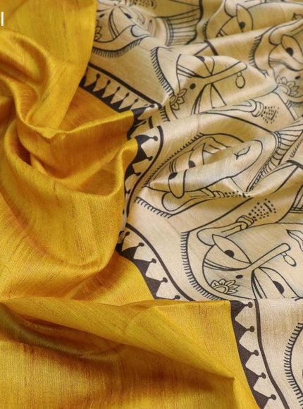 Chappa saree yellow and cream with plain body and madhubani printed border