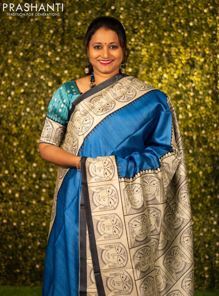 Chappa saree blue and cream with plain body and madhubani printed border