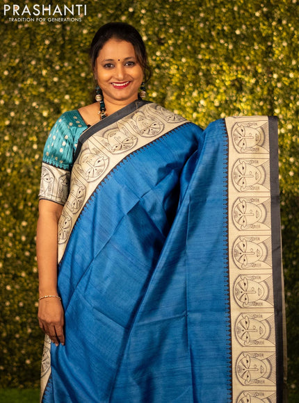 Chappa saree blue and cream with plain body and madhubani printed border