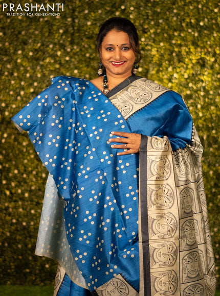 Chappa saree blue and cream with plain body and madhubani printed border