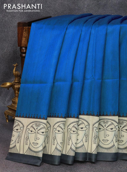 Chappa saree blue and cream with plain body and madhubani printed border