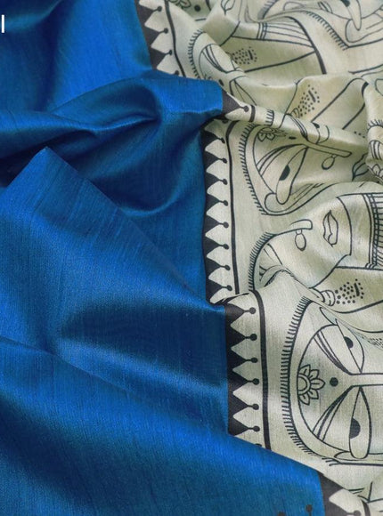 Chappa saree blue and cream with plain body and madhubani printed border