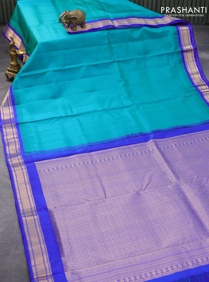 10 yards silk saree dual teal green and royal blue with plain body and temple design zari woven border