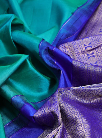 10 yards silk saree dual teal green and royal blue with plain body and temple design zari woven border