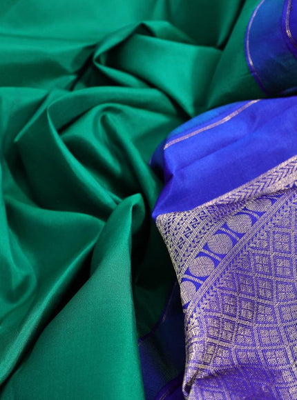 10 yards silk saree green and royal blue with plain body and temple design zari woven border