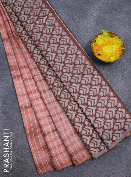 Bamboo silk saree rust shade and brown with allover tie & dye prints & thread stripe pattern in borderless style