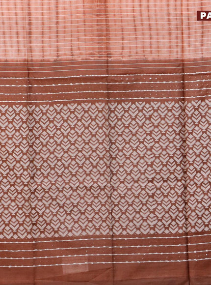 Bamboo silk saree rust shade and brown with allover tie & dye prints & thread stripe pattern in borderless style