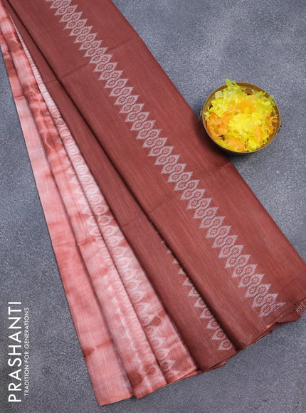 Bamboo silk saree peach shade and brown with allover tie & dye prints & thread weaves in borderless style