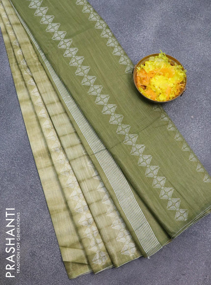 Bamboo silk saree elaichi green and sap green with allover tie & dye prints & thread weaves in borderless style