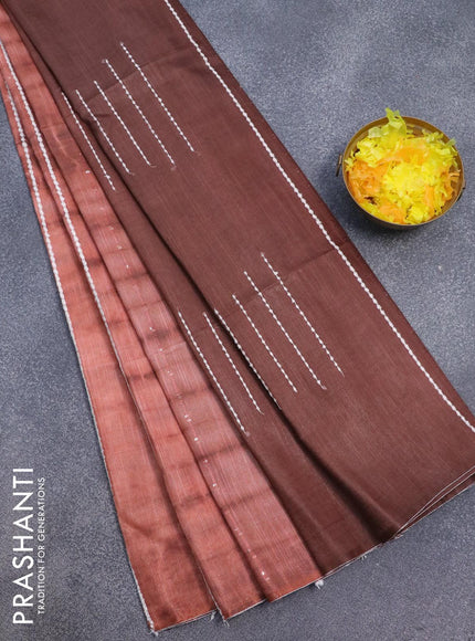 Bamboo silk saree rust shade and brown with allover tie & dye prints & thread stripe sequin work in borderless style