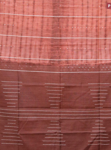 Bamboo silk saree rust shade and brown with allover tie & dye prints & thread stripe sequin work in borderless style