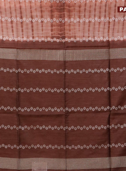 Bamboo silk saree peach shade and brown with allover tie & dye prints & geometric thread weaves in borderless style