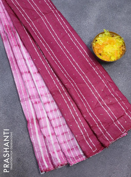 Bamboo silk saree pink and dark magenta with allover tie & dye prints & thread stripe pattern and sequin work pallu