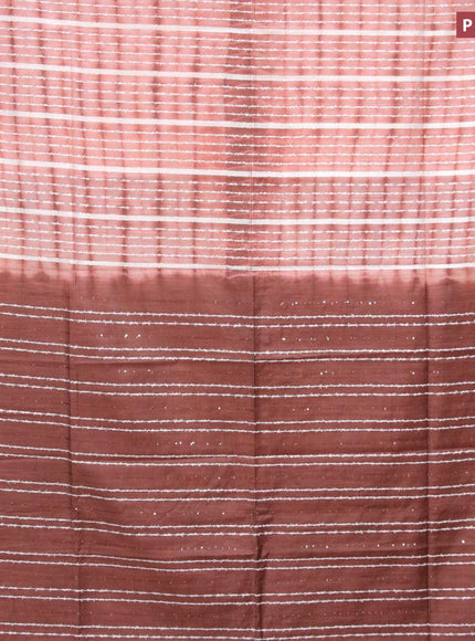 Bamboo silk saree pastel peach and brown with allover tie & dye prints & thread stripe pattern and sequin work pallu