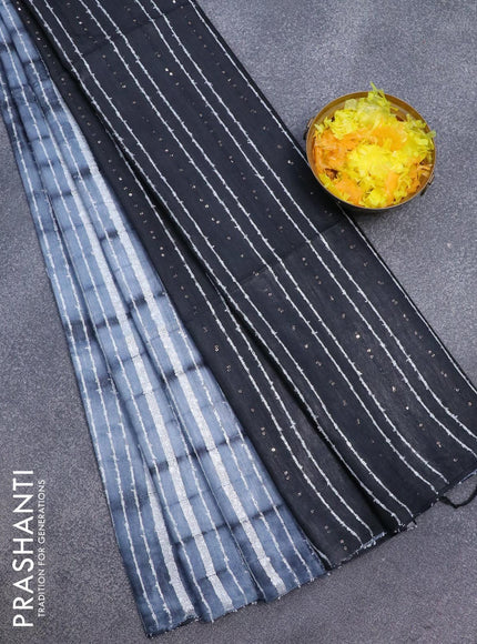 Bamboo silk saree grey and black with allover tie & dye prints & thread stripe pattern and sequin work pallu