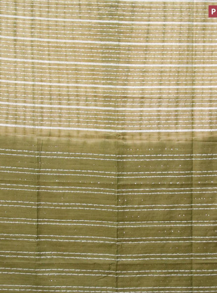 Bamboo silk saree elaichi green and sap green with allover tie & dye prints & thread stripe pattern and sequin work pallu