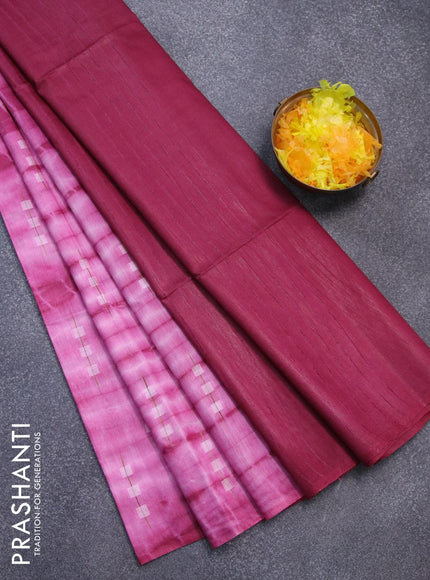 Bamboo silk saree pink and dark magenta with allover tie & dye prints & thread buttas in borderless style