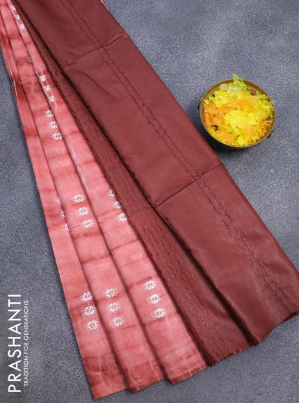 Bamboo silk saree peach shade and brown with allover tie & dye prints & thread buttas in borderless style