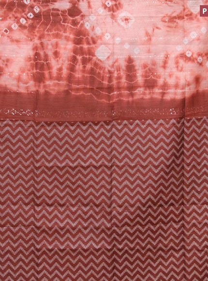 Bamboo silk saree peach shade and brown with allover tie & dye prints & sequin work in borderless style