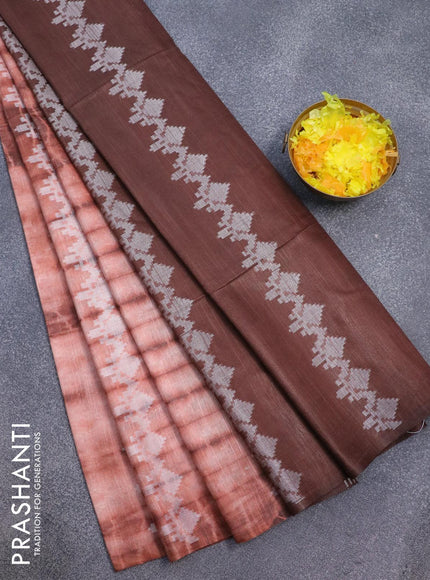 Bamboo silk saree peach shade and rust brown with allover tie & dye prints & thread buttas in borderless style