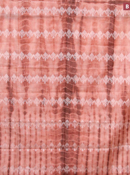 Bamboo silk saree peach shade and rust brown with allover tie & dye prints & thread buttas in borderless style