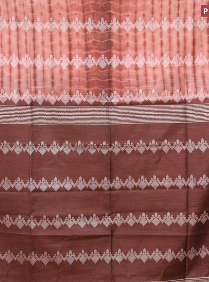 Bamboo silk saree peach shade and rust brown with allover tie & dye prints & thread buttas in borderless style