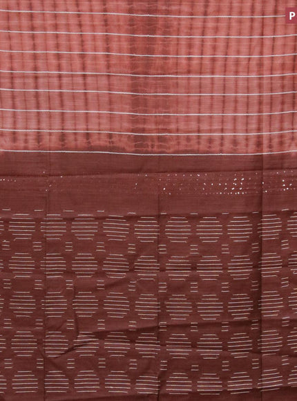 Bamboo silk saree rust shade and brown with allover tie & dye prints & thread stripe pattern and sequin work pallu