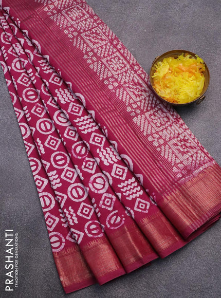 Semi gadwal saree dark magenta pink with allover batik prints and zari woven border