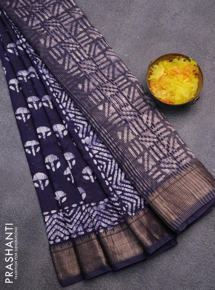 Semi gadwal saree navy blue with allover batik prints and zari woven border