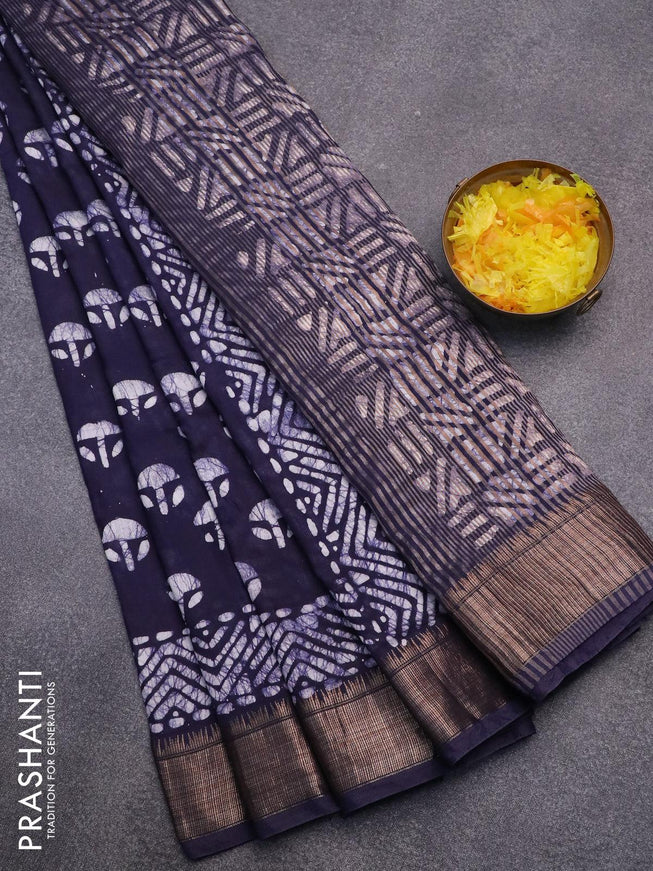 Semi gadwal saree navy blue with allover batik prints and zari woven border