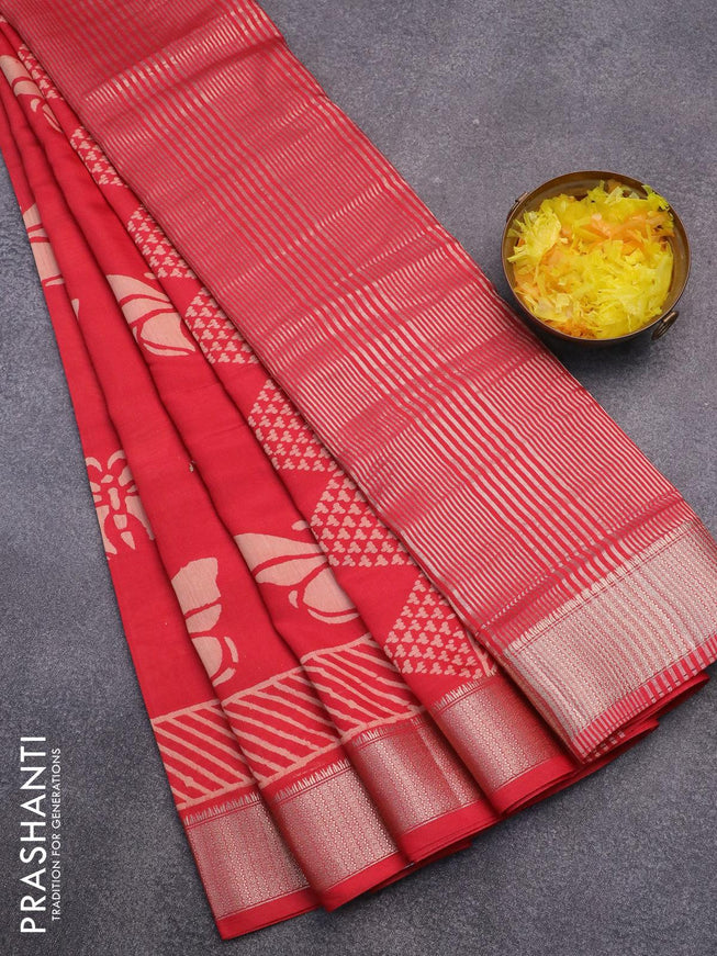 Semi gadwal saree red with butterfly butta prints and zari woven border