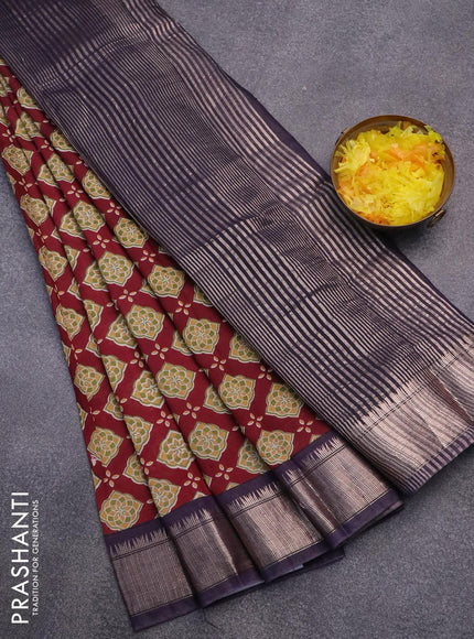 Semi gadwal saree maroon and blue with butta prints and zari woven border