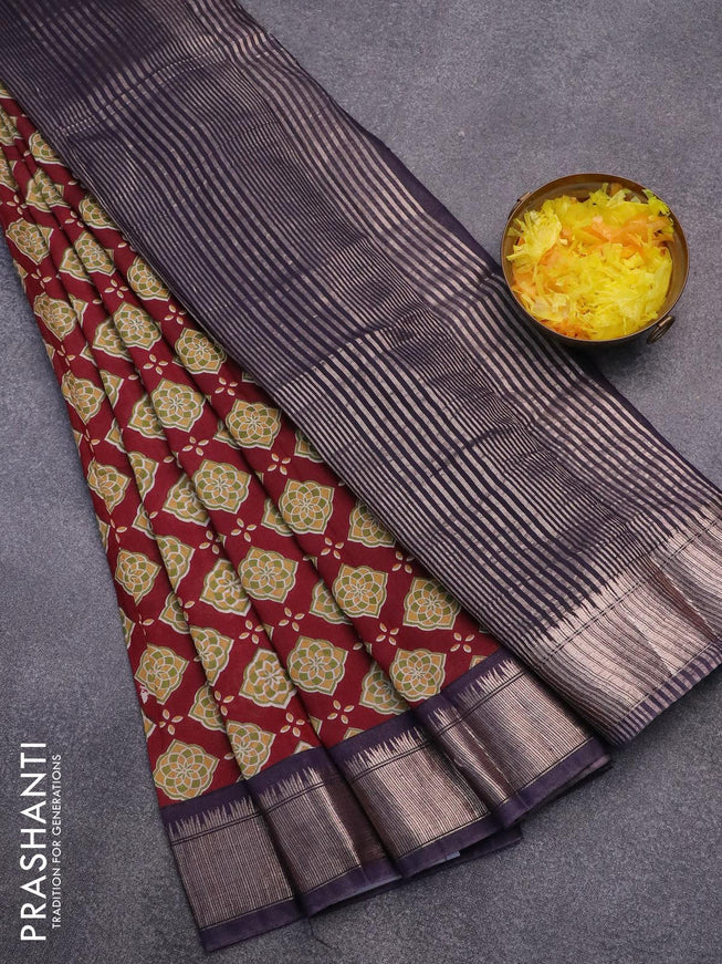 Semi gadwal saree maroon and blue with butta prints and zari woven border