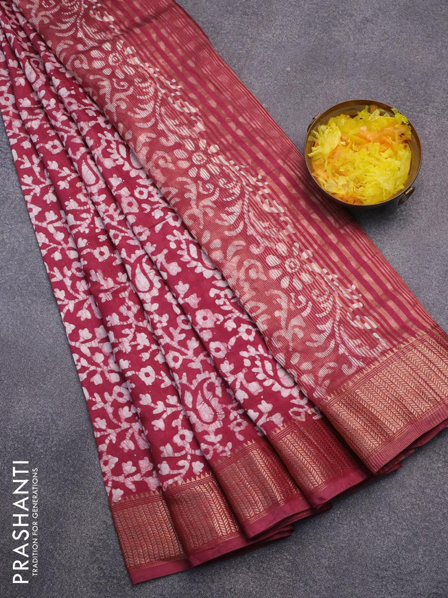 Semi gadwal saree maroon with allover batik prints and zari woven border