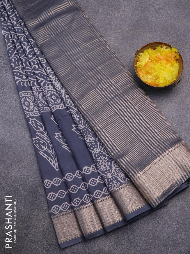 Semi gadwal saree grey shade with floral prints and zari woven border