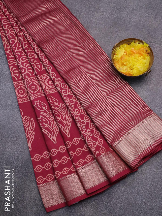 Semi gadwal saree maroon with floral prints and zari woven border