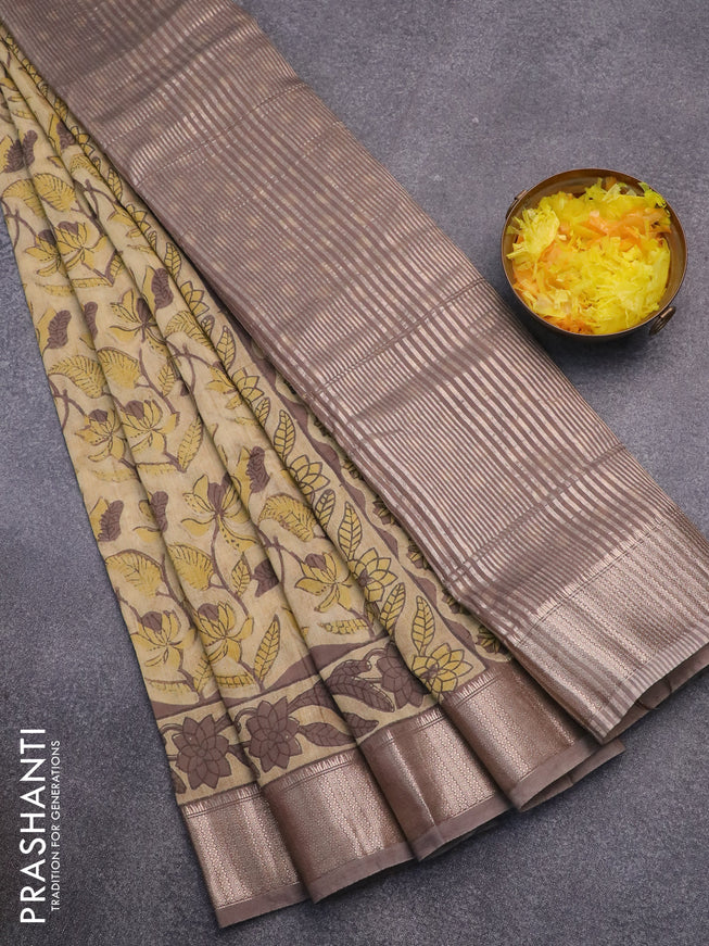 Semi gadwal saree elaichi green shade and pastel brown shade with allover floral prints and zari woven border