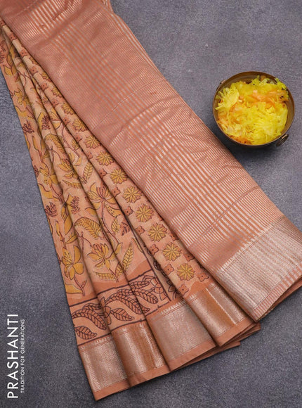 Semi gadwal saree sandal and peach shade with allover floral prints and zari woven border