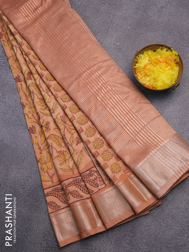 Semi gadwal saree sandal and peach shade with allover floral prints and zari woven border