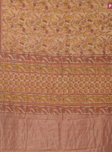 Semi gadwal saree sandal and peach shade with allover floral prints and zari woven border